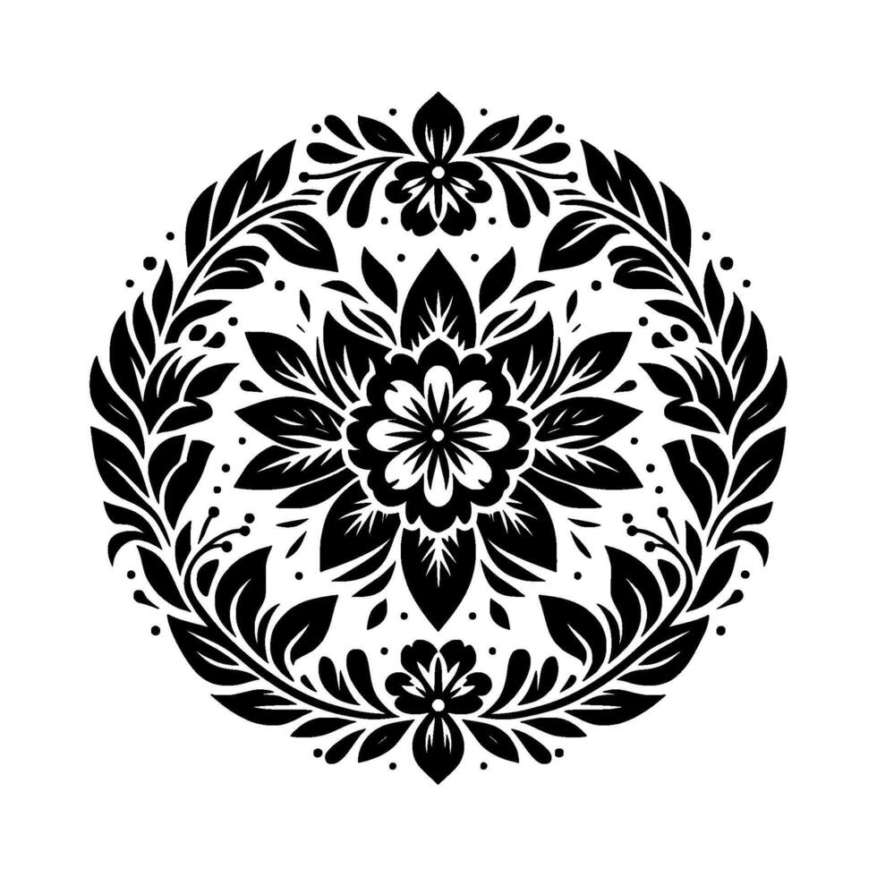 Ornate Black and White Floral Mandala A symmetrical featuring stylized flowers and leaf motifs in a circular arrangement, evoking elegance. vector