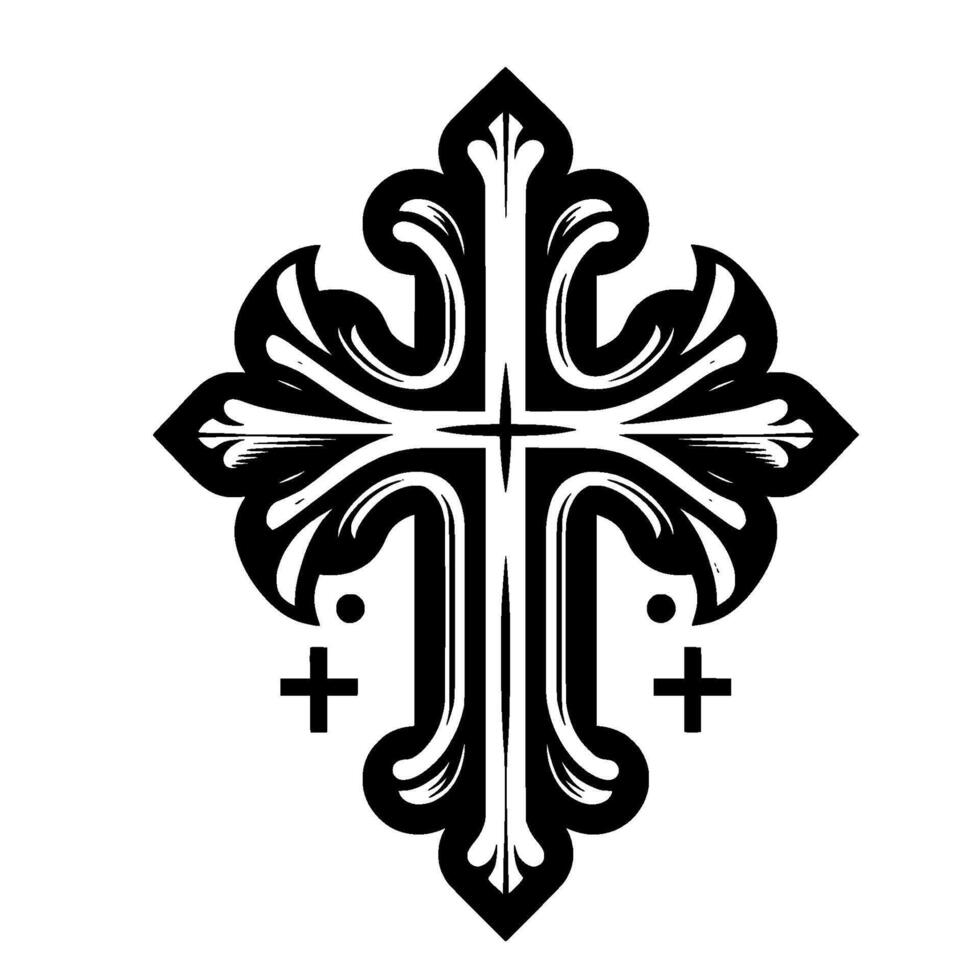 Intricate Black and White Floral Cross on a White Background, Detailed Ornamentation, Gothic Style. vector