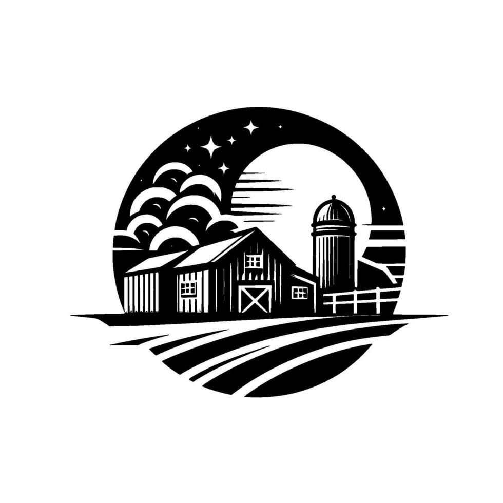 Stylized Circular Monochrome Farm Scene Barn, Silo, Fence, Field, Moon, Stars. vector