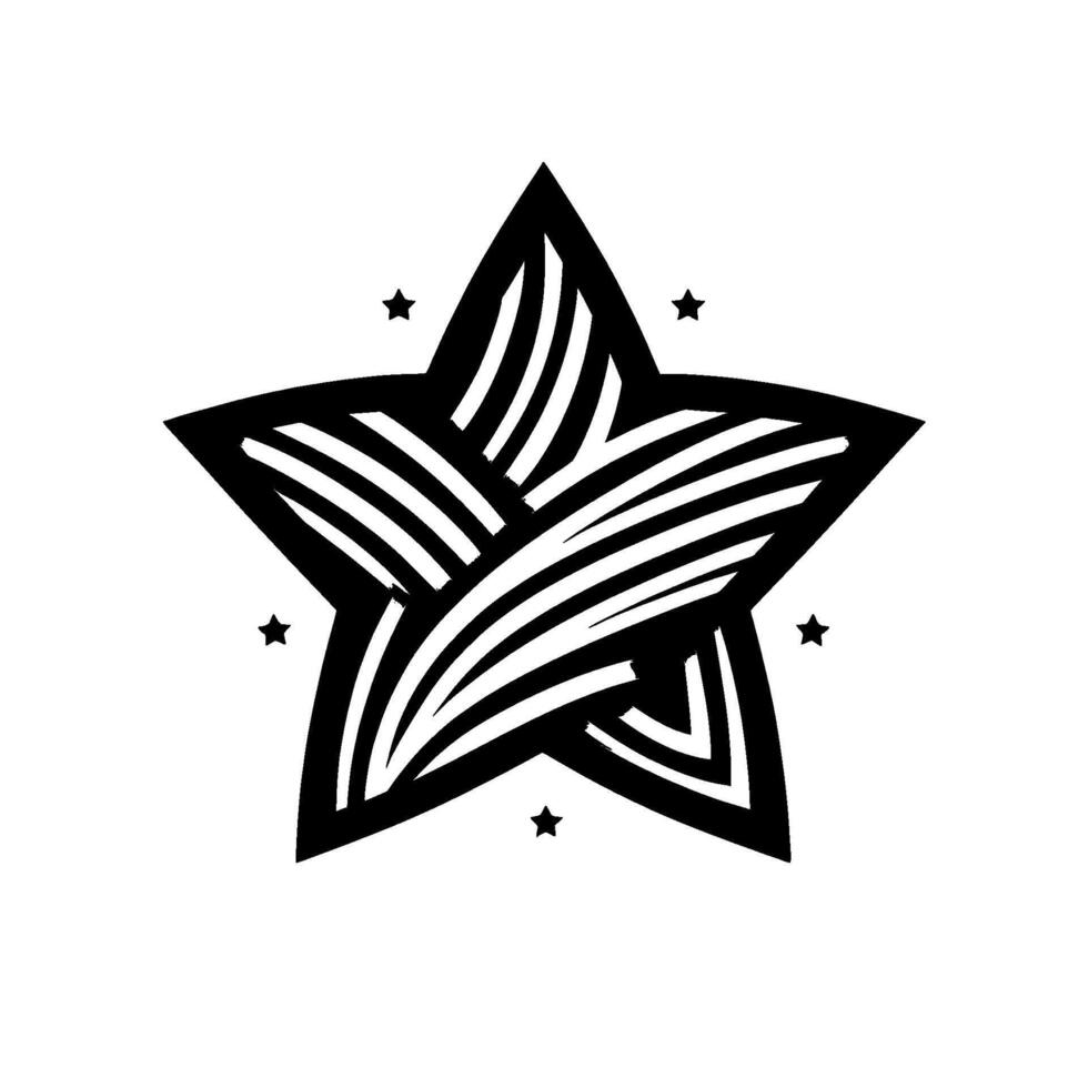 Intricate Black and White Starburst , Featuring Intertwined Lines and Small Star Accents on White Background. vector
