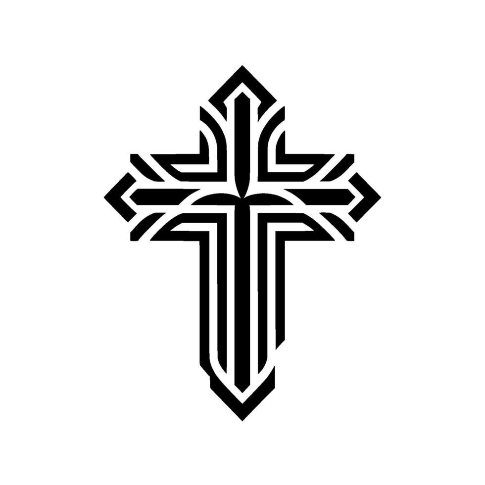 Bold Black and White of an Ornate Cross Depicting Geometric Lines, Symbolic of Faith. vector