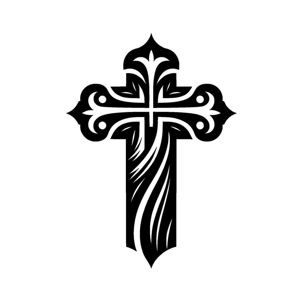 Ornate Black Cross with Decorative Foliage, Elegant Silhouette on White Background. vector