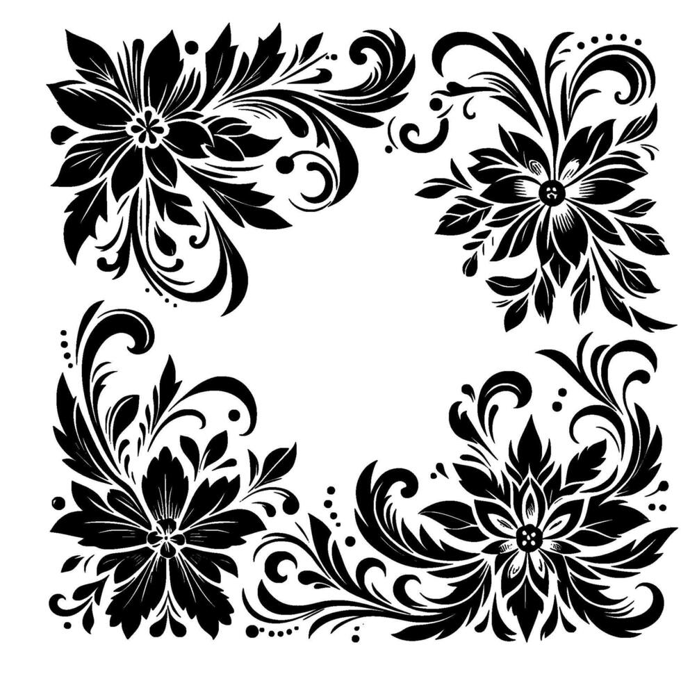 Symmetrical floral with black botanical corner motifs, featuring flowers, leaves, and swirling accents on a stark white background. vector
