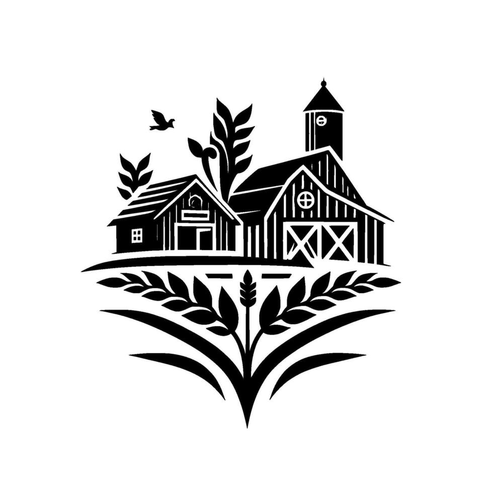 Minimalist Monochrome Farmhouse Barn, Grain, Bird, and Silo, Representing Rural Serenity. vector