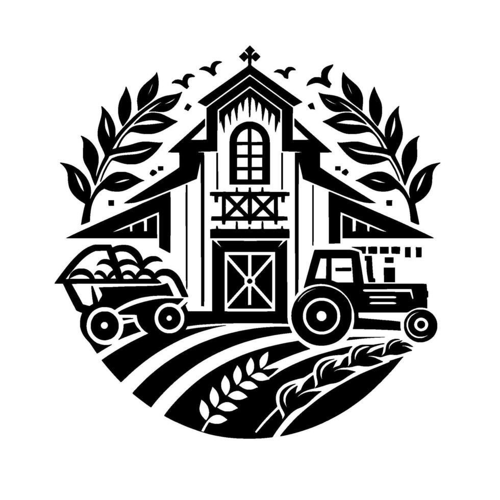 Monochrome farm illustration a barn, tractor, and a harvest cart surrounded by foliage, enclosed in a circular frame. vector