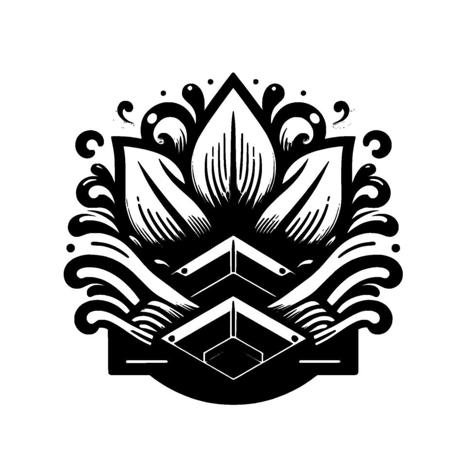 Intricate Black White Floral Emblem with Geometric Foundation, Evoking Harmony and Precision, Detailed Illustration. vector