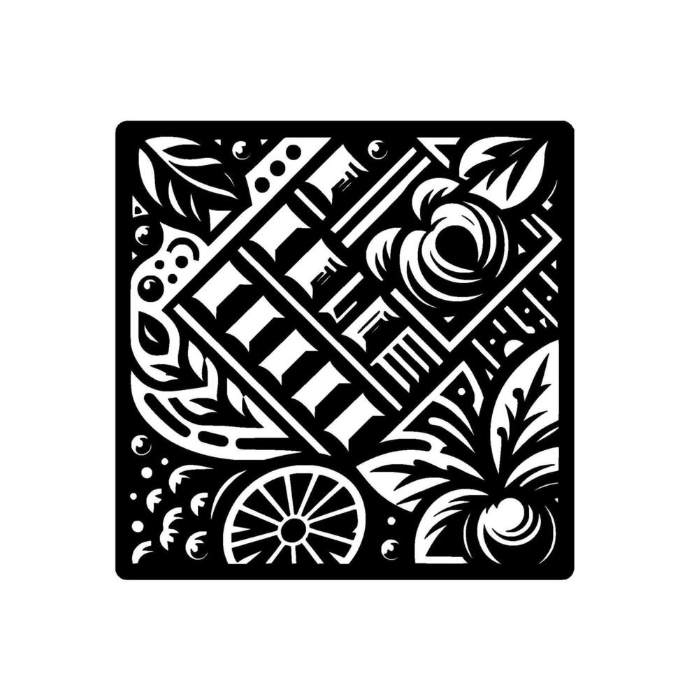 Geometric Black and White Botanical Square with Floral Elements and Intersecting Lines. vector