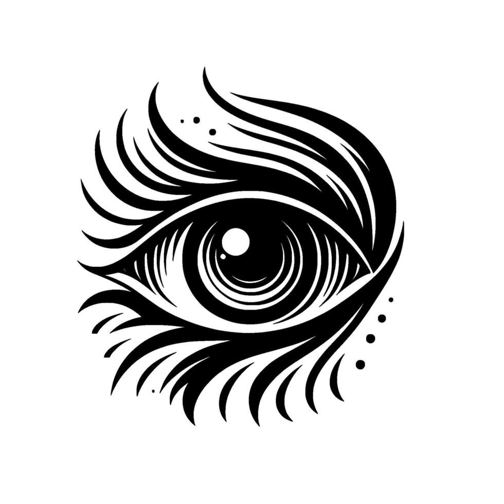 Detailed Black and White Eye Illustration with Dramatic Lashes and Abstract, Circular Pupil, Symbol of Vision. vector