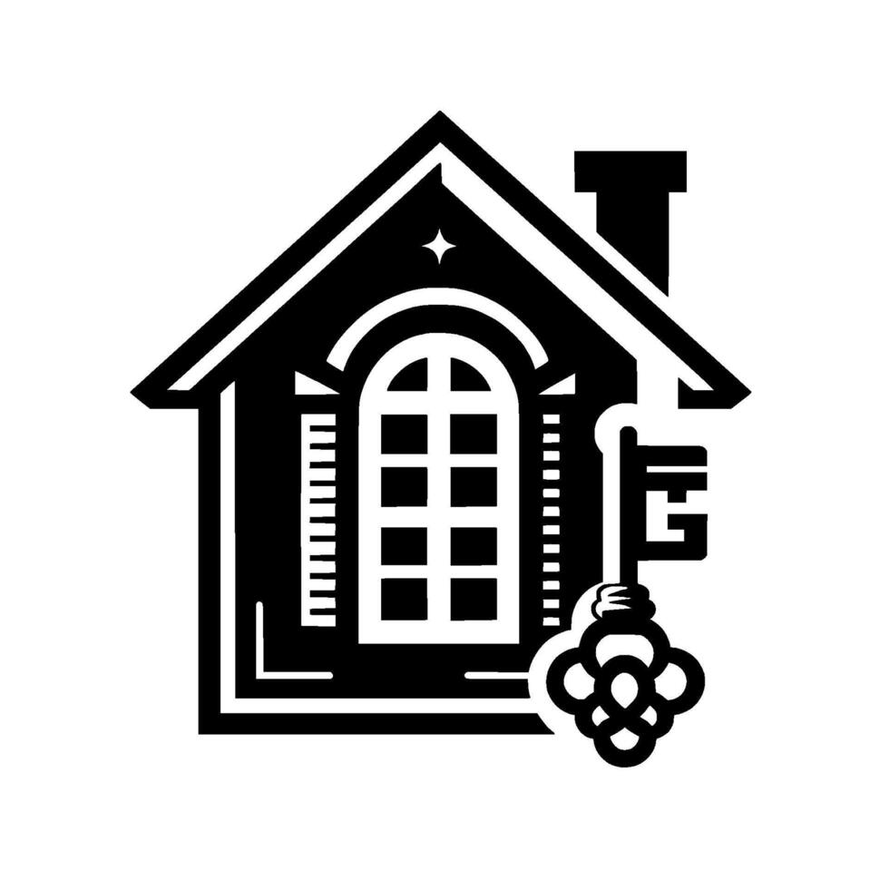Black and White House with a Key, Star, and Chimney, Symbolic of Home, Property, and Real Estate. vector