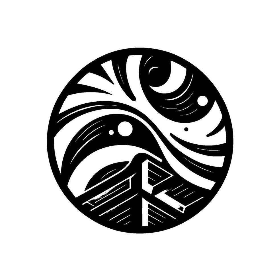 Abstract Yin Yang in Circular Frame Geometric Black, White Composition with Swirls, Spheres, and Architectural Shapes. vector