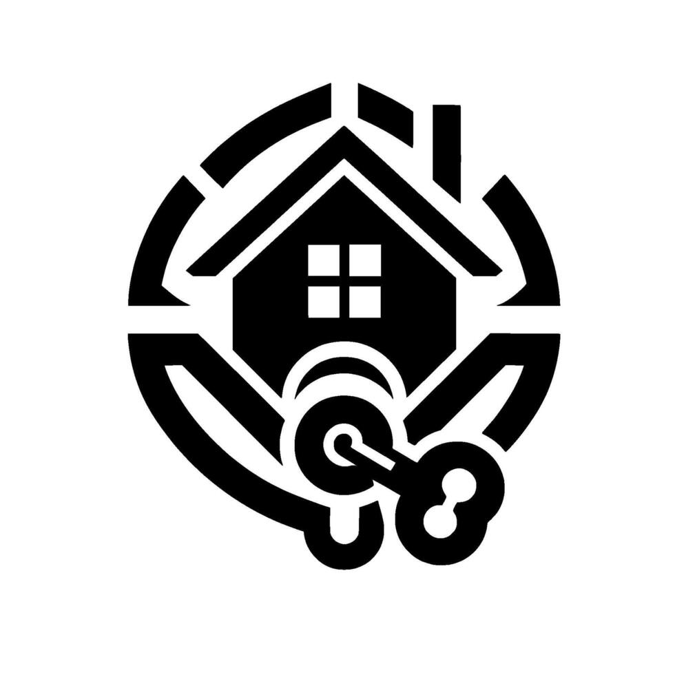 Black and White Real Estate Depicting a House, Key, and Circular Element, Representing Home Security and Ownership. vector