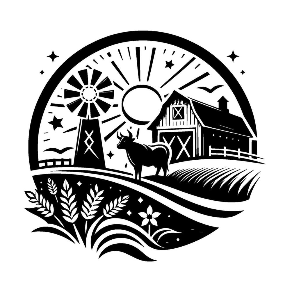 Black and White Rural Farm Scene Barn, Windmill, Bull, Sun, Wheat Field, and Stars in Circular Illustration. vector