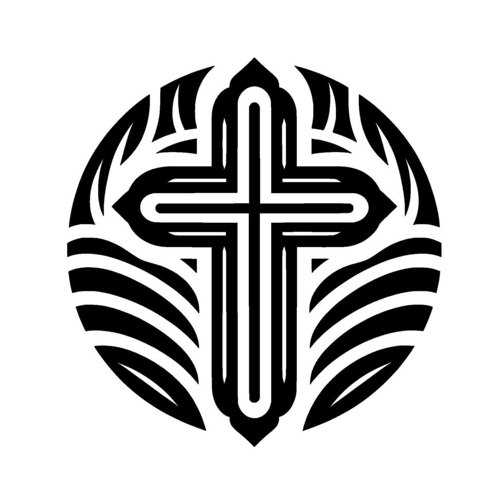 Bold Black and White Tribal Cross within a Circle, Symbolizing Faith and Spirituality with a Modern Aesthetic. vector