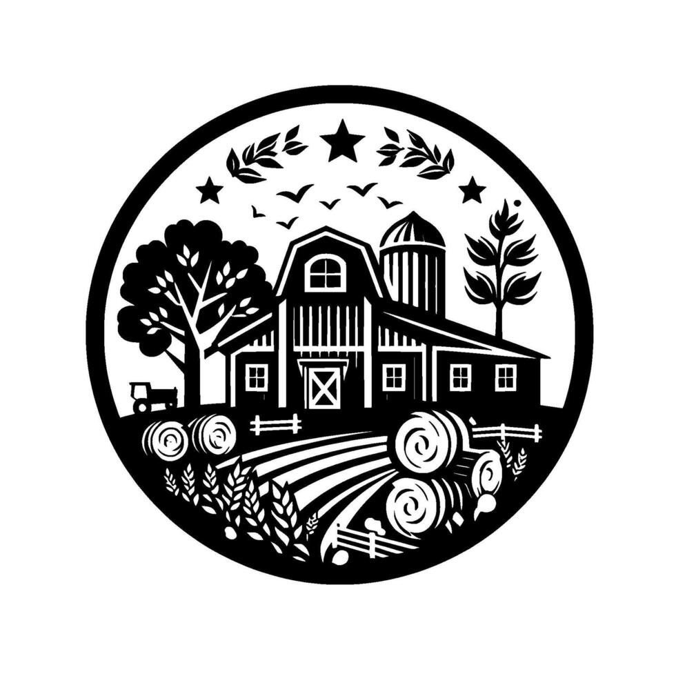 Black and White Circular Farm Scene Depicting a Barn, Silo, Fields, Tractor, and Decorative Elements. vector