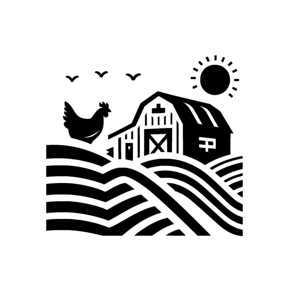 A minimalist black and white farm scene featuring a barn, fields, rooster, sun, and birds in a rural landscape. vector