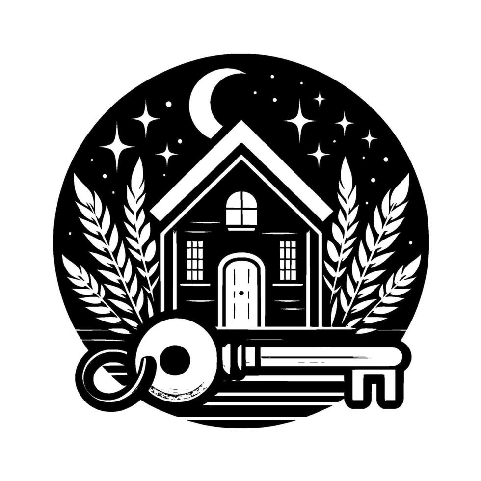 Symbolic Black White Illustration of a Home, Key, Crescent Moon, Stars, Foliage Within a Circular Frame, Evoking Security Dreams. vector