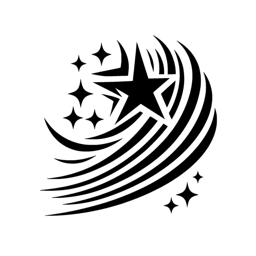 Artistic black and white minimalist celestial featuring a large star with trailing lines and smaller stars against a white background. vector