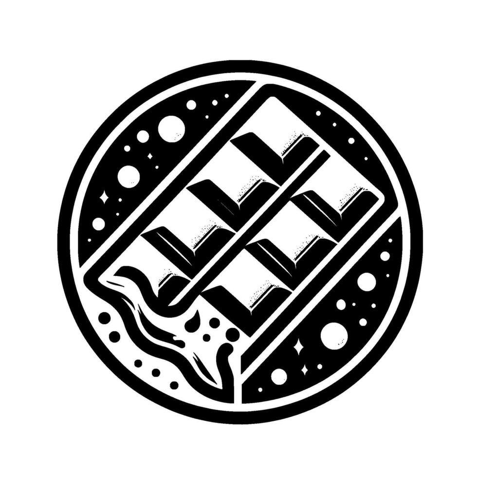 A stylized, circular, black and white illustration of a melting chocolate bar, evoking a celestial, cosmic aesthetic. vector