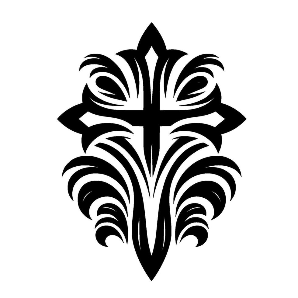 Ornate Black and White Stylized Cross with Floral and Leaflike Embellishments on a White Background. vector