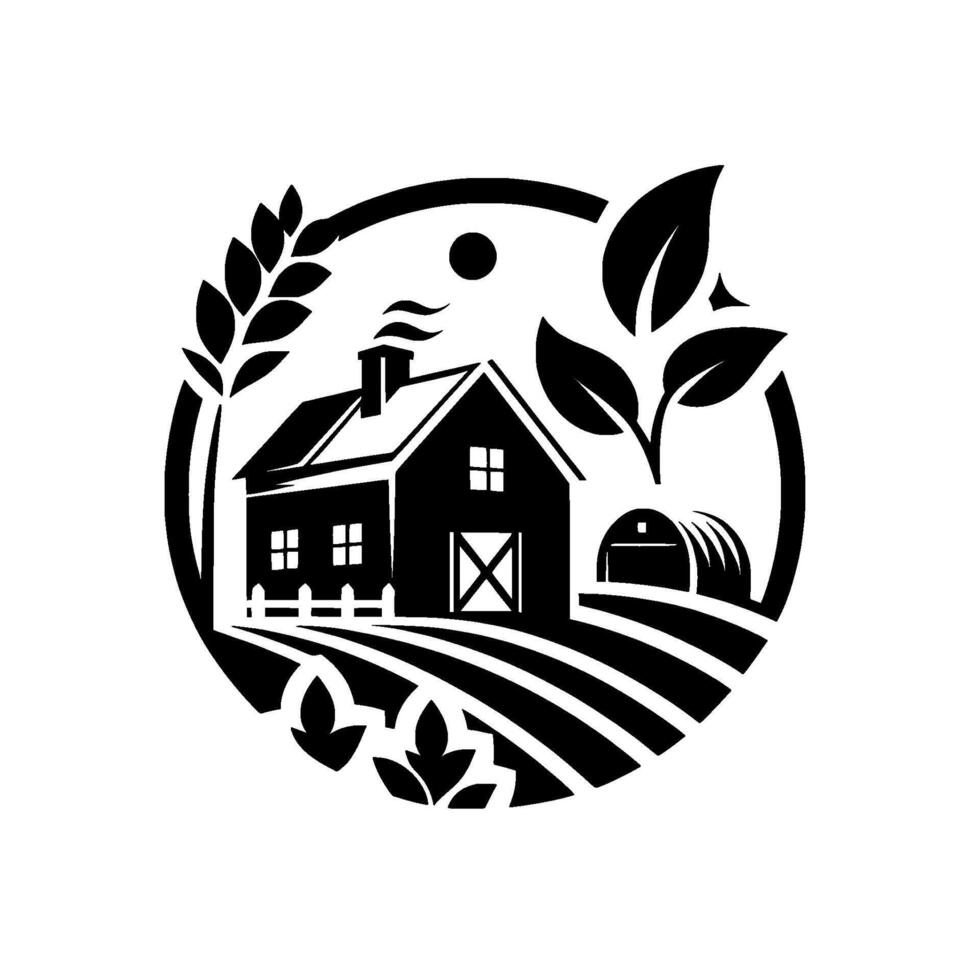 Black and White Farmhouse Silhouette Rural Scene within a Circular Emblem, Featuring a Barn, Fields, Crops, and Natural Elements. vector