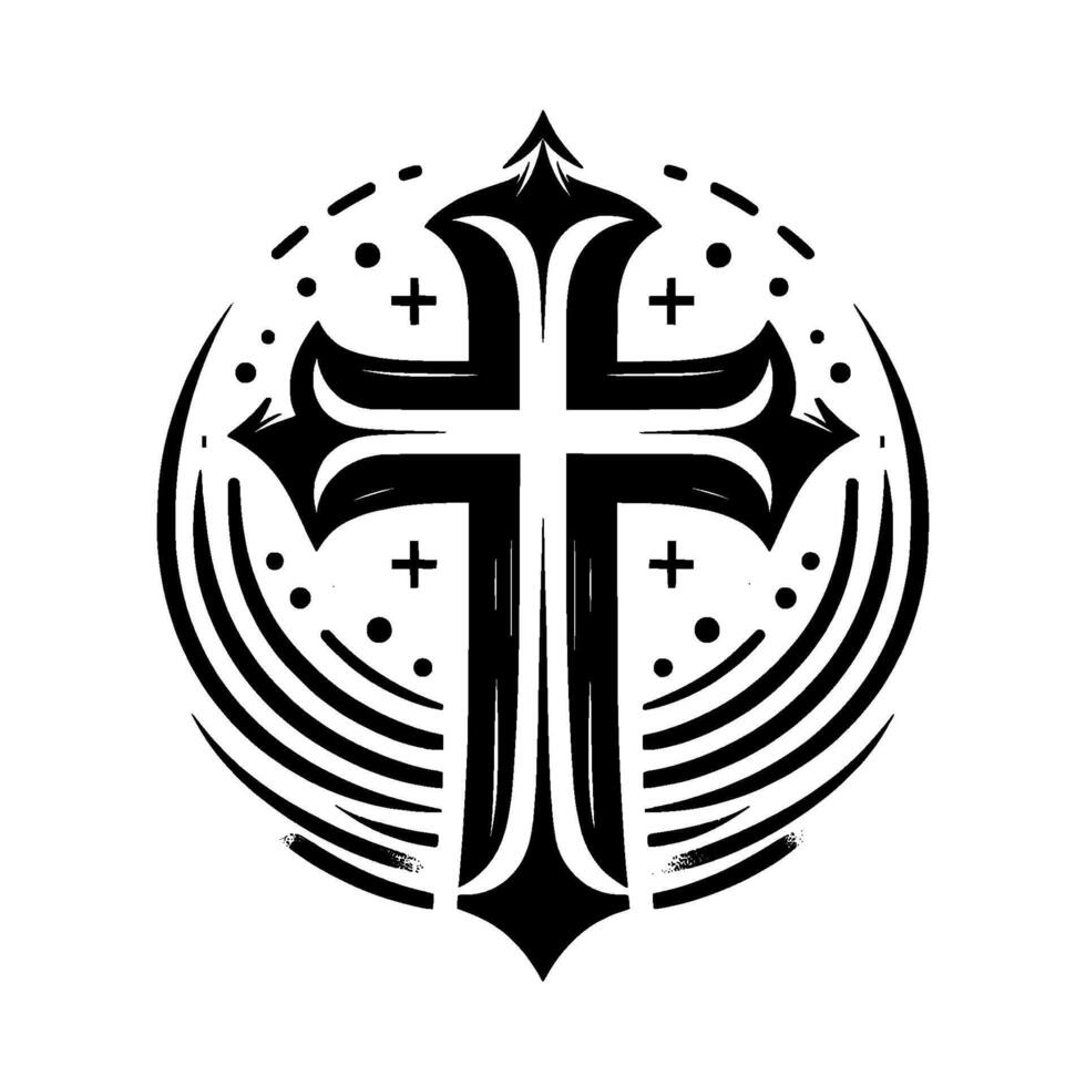Intricate Gothicstyle black cross emblem encircled within a decorative frame of dotted accents and stylized lines, minimalist and symbolic. vector
