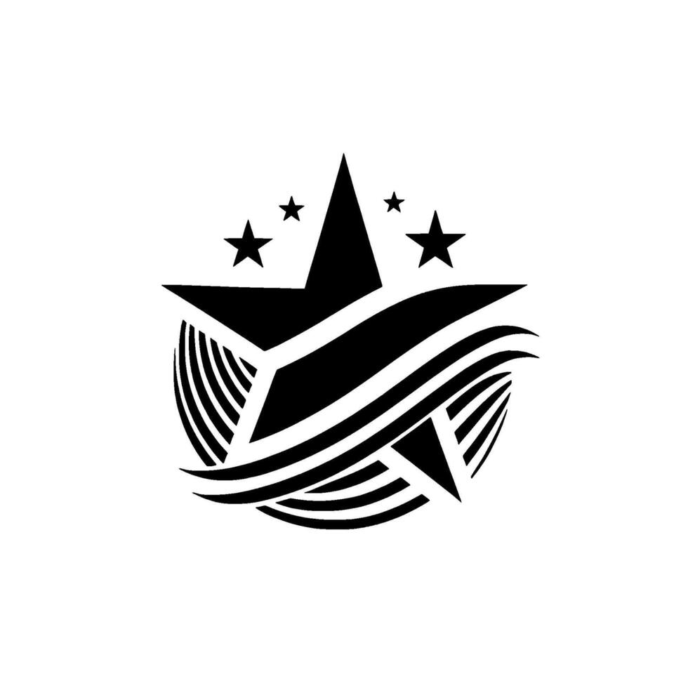 Bold Black Star Emblem Geometric Star with Curved Lines and Smaller Stars in Modern Minimalist Style. vector