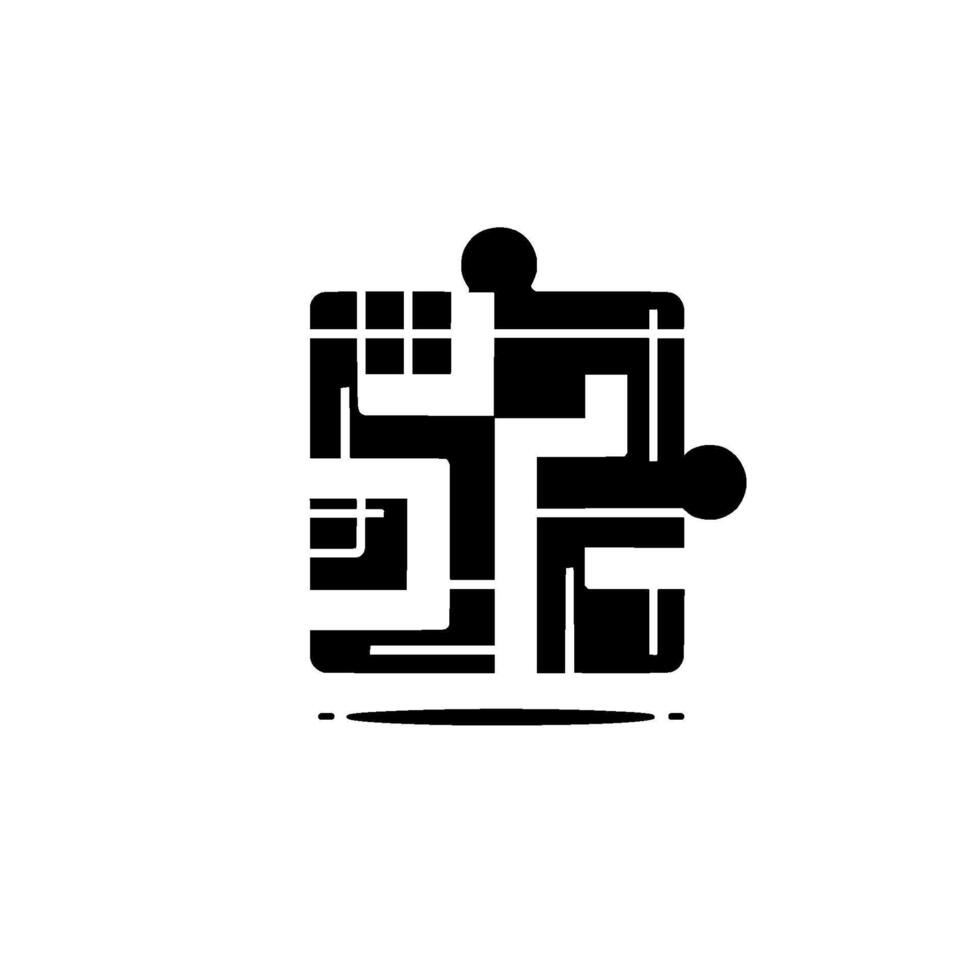 Geometric puzzle piece with interconnected black and white rectangular shapes and circles, centered on a light gray background. vector