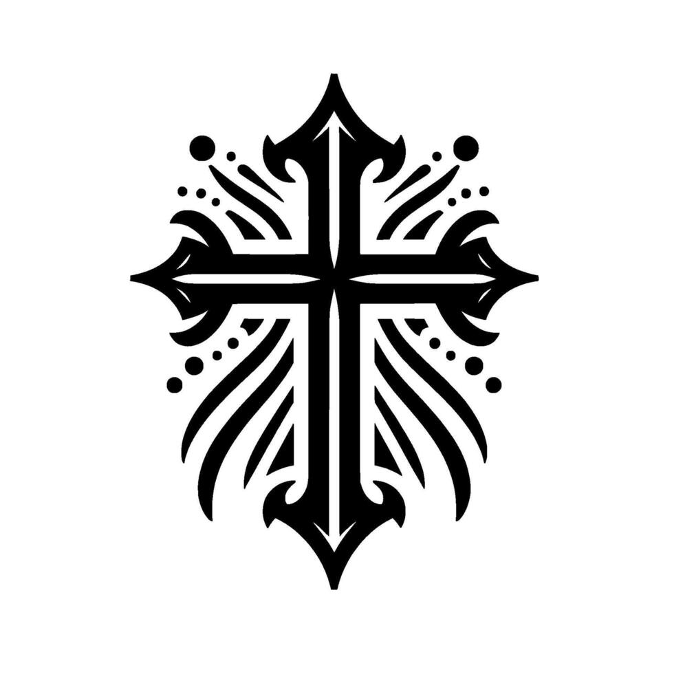 Ornate Black Cross Silhouette with Stylized Flourishes, Dots, and a Simple Monochrome Background. vector