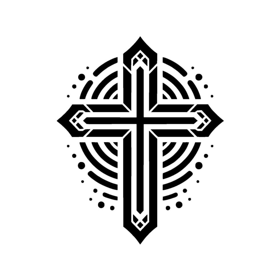 A Geometric Black Cross A symmetrical, stylized cross encircled by a pattern of concentric arcs and dots, isolated against a stark white background. vector