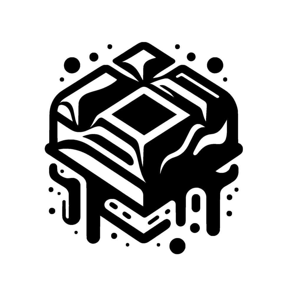 Isometric Black and White Illustration of a DripEffected Gift Box Surrounded by Dots on a Clean White Background. vector