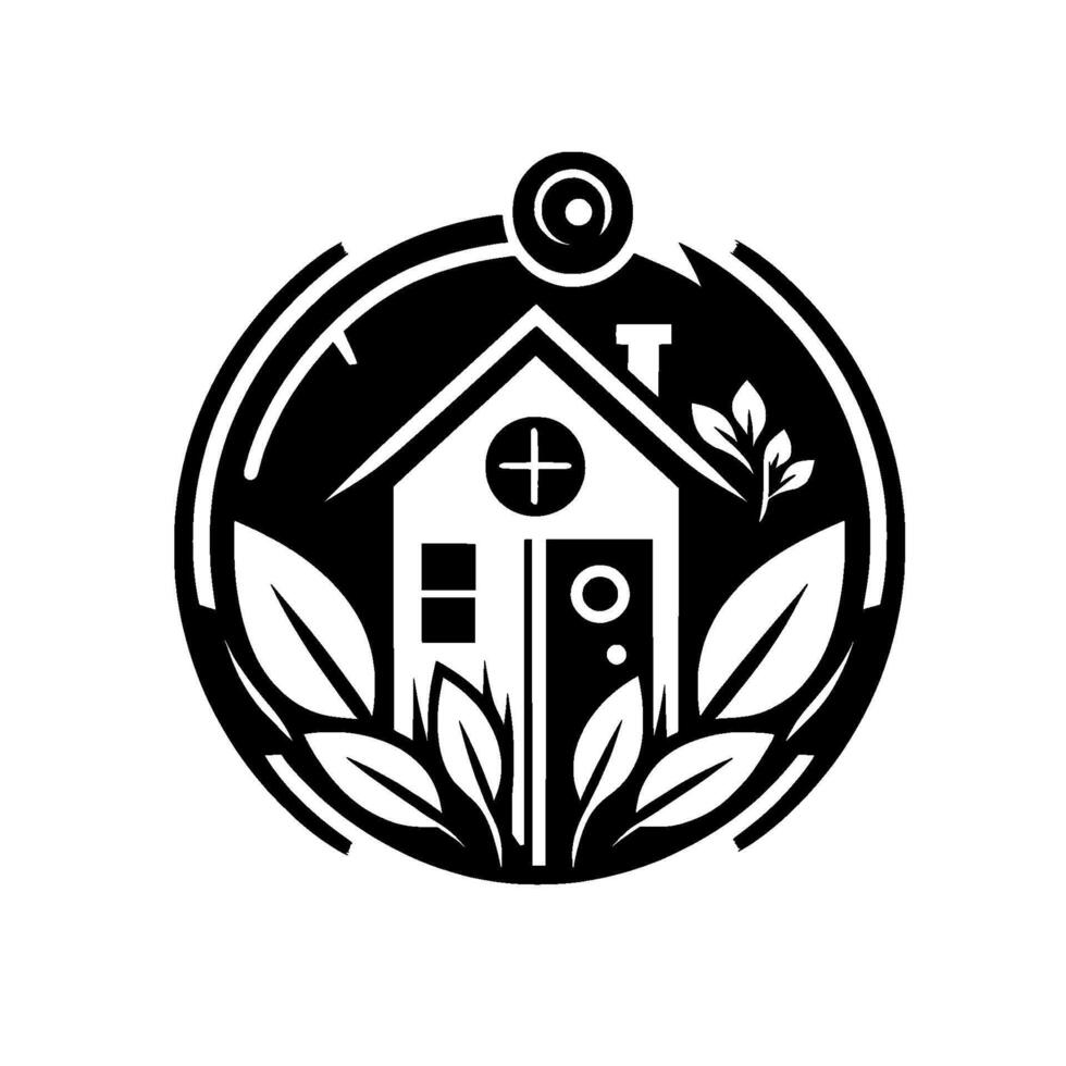 Symbolic Black and White of House with Leafy Accents inside a Circle, Evoking Nature, Growth, and Home. vector