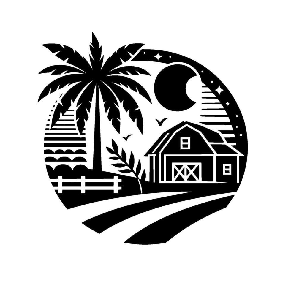 Stylized Black White Rural Scene Palm Tree, Barn, Moon, and Field Within a Circle, Illustrating Day Night. vector