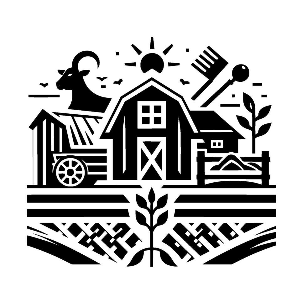 Stylized Black White Farm Scene Barn, Goat, Cart, Fields, Tools, Sun. A symmetrical evokes a sense of harmony, with the tools suggesting agriculture. vector