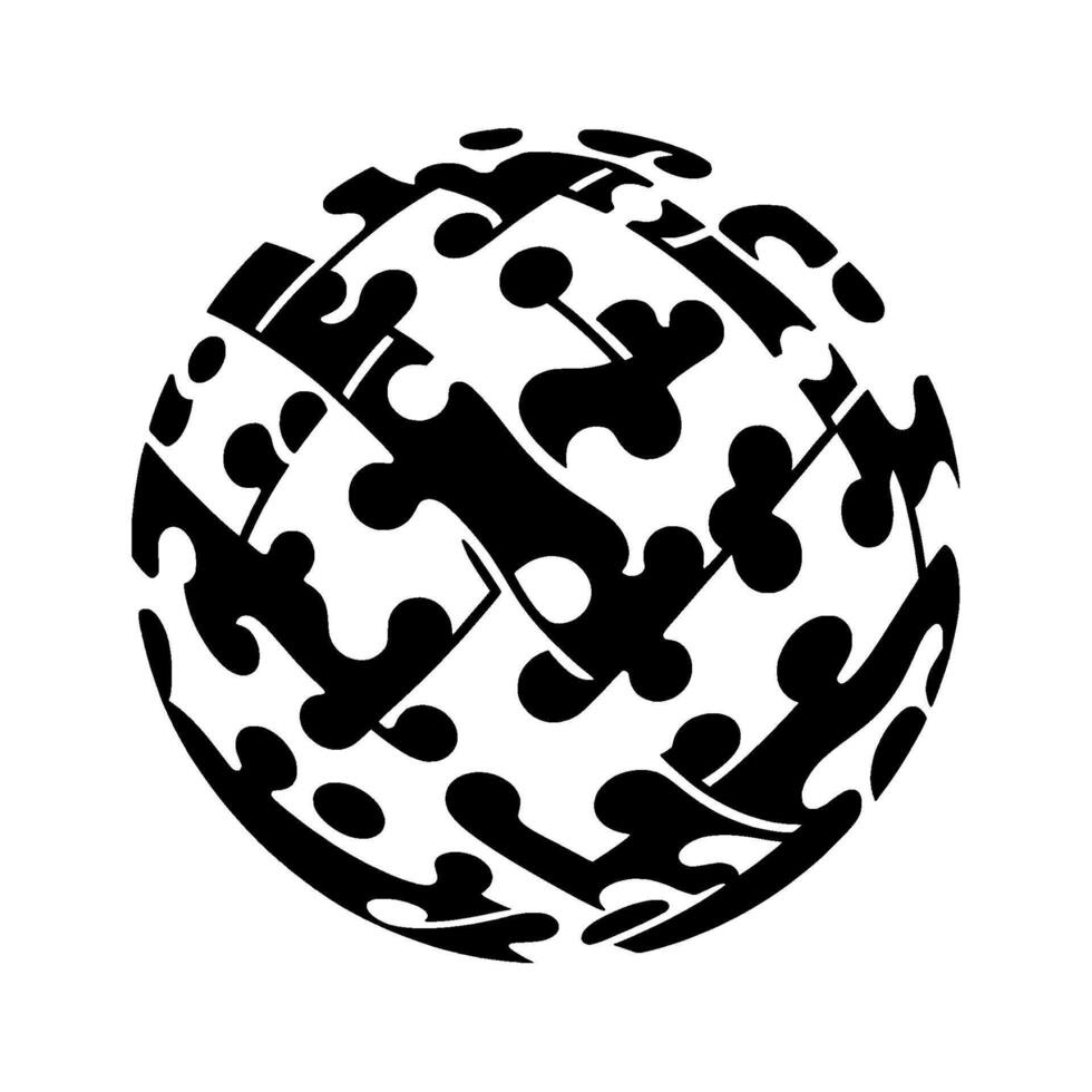 An abstract D sphere formed of interconnected black and white puzzle piece shapes, representing unity and problemsolving against a clean white background. vector