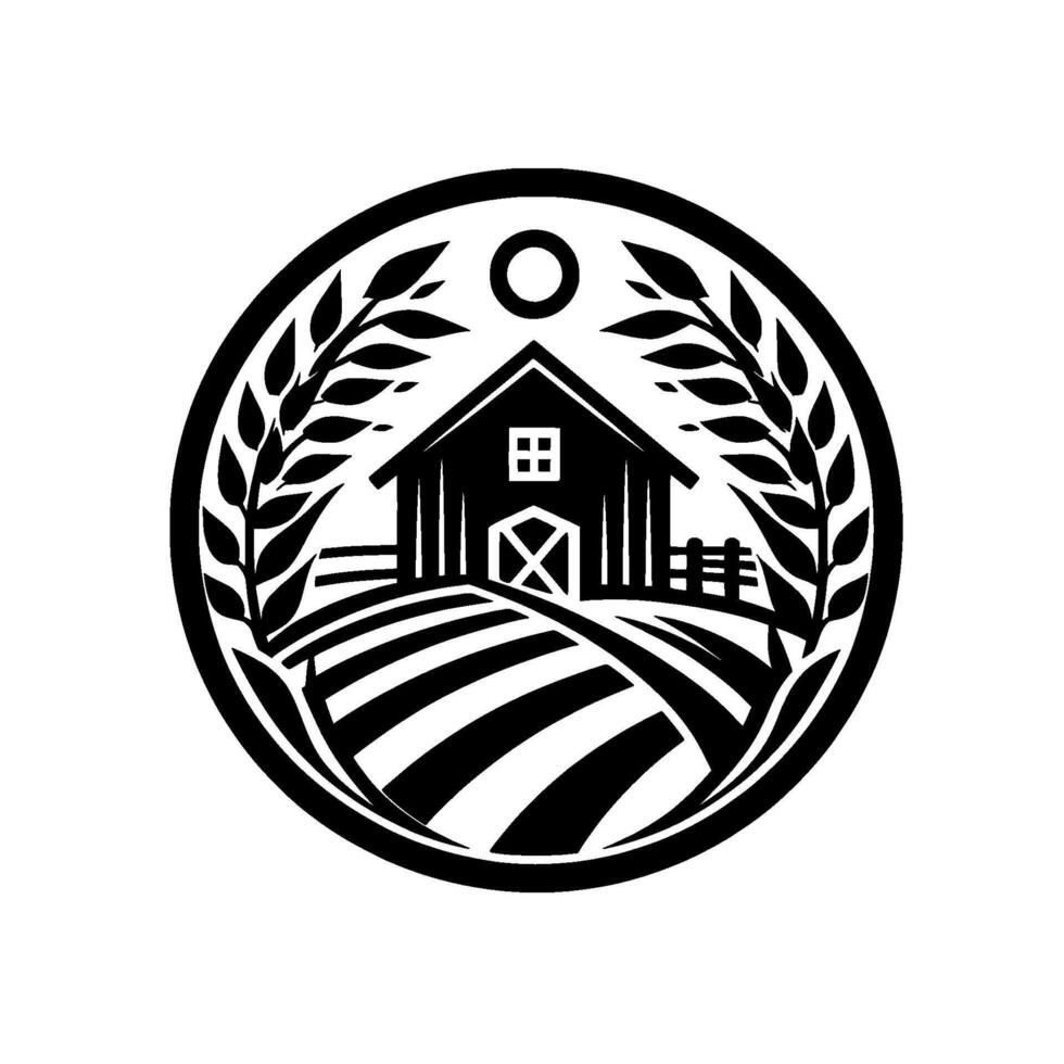 Black and White Circular Farmhouse Emblem with Barn, Fields, Wheat, Sun, and Fence in Illustration Style. vector