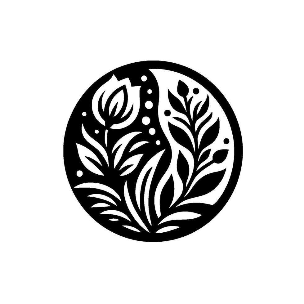 Black and White Floral Yin Yang Composition with a stylized tulip, foliage, and dots within a circular frame, representing balance and harmony. vector