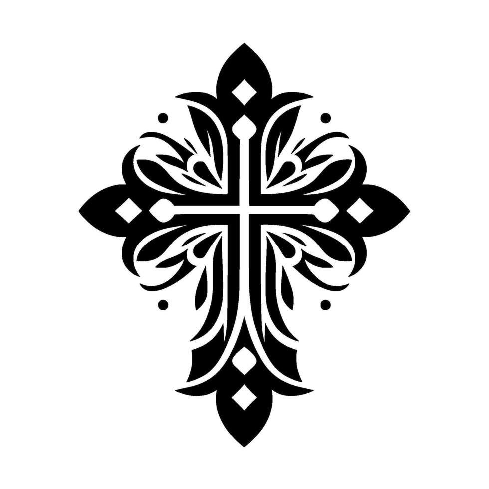 Intricately Designed Black and White Ornamental Cross Featuring Floral and Geometric Details on a White Background. vector