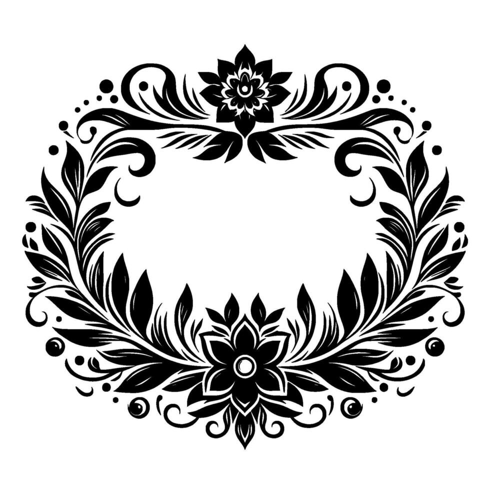 Elegant Oval Floral Frame in Monochrome Detailed Illustration with Leaves, Swirls, and Flowers, Perfect for Invitations and Projects. vector
