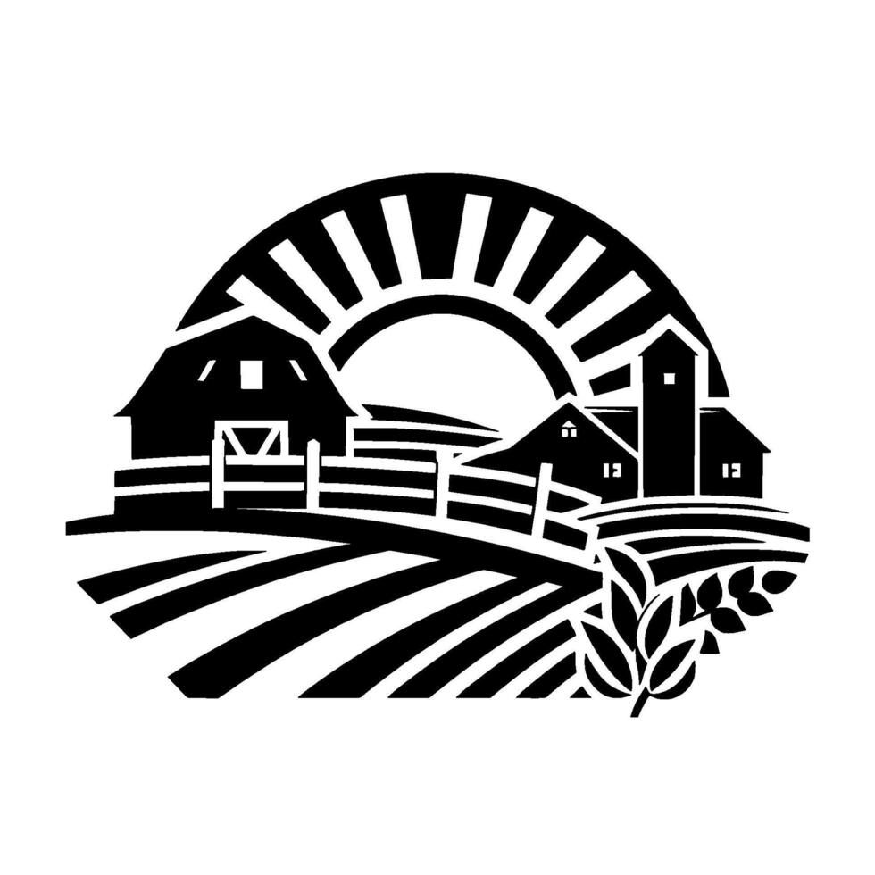 Silhouetted Farm Scene Depicting Barns, Fields, Rising Sun and Agriculture vector