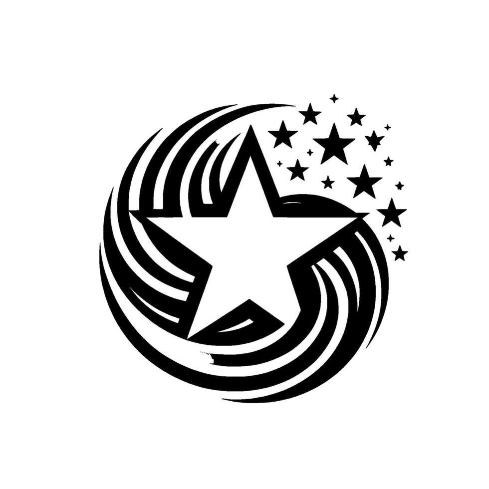 A bold, monochrome emblem of a central white star encased in stylized, swirling black lines, with cascading smaller stars. vector