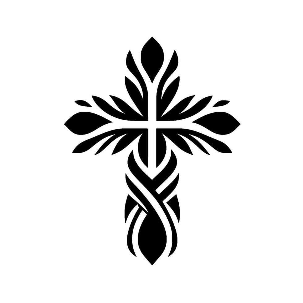 Intricate Black Floral Cross on White Background A Detailed Symbolic Representation with Abstract Leaf and Curve Elements. vector