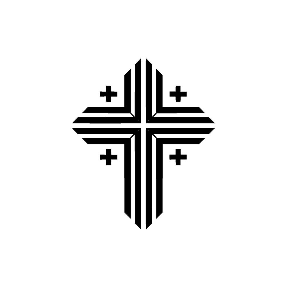 Geometric Cross with Striped Arms and Smaller Cross Symbols in a Clean, Minimalist, Black and White . vector