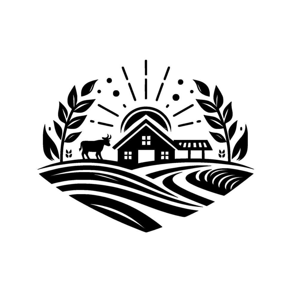 illustration of a serene farm scene with a barn, sun, cow, crops, and wheat, evoking a sense of peace and countryside charm. vector