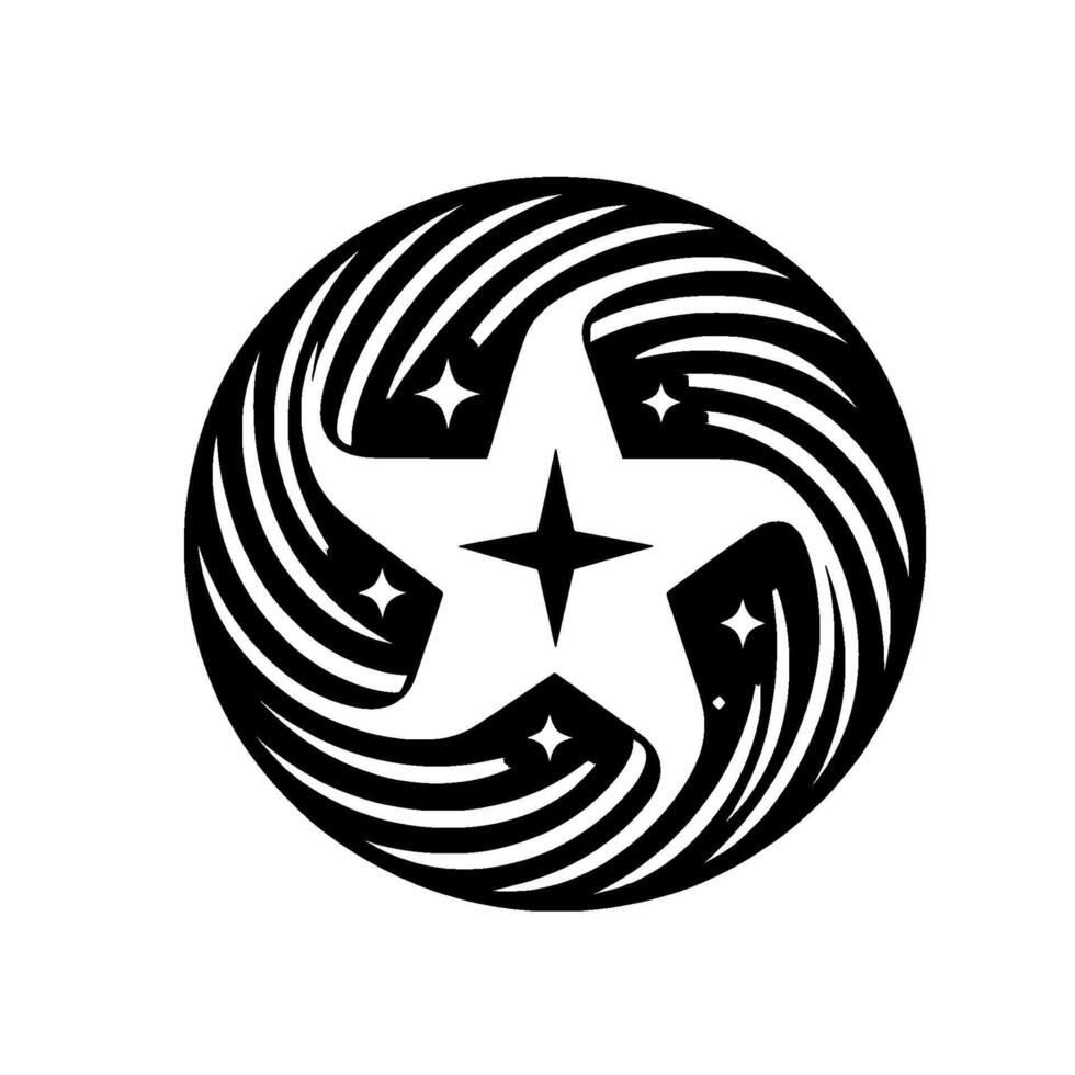 Black and white abstract illustration featuring a swirling, starshaped with radiating lines and embedded starbursts, set against a plain white background. vector