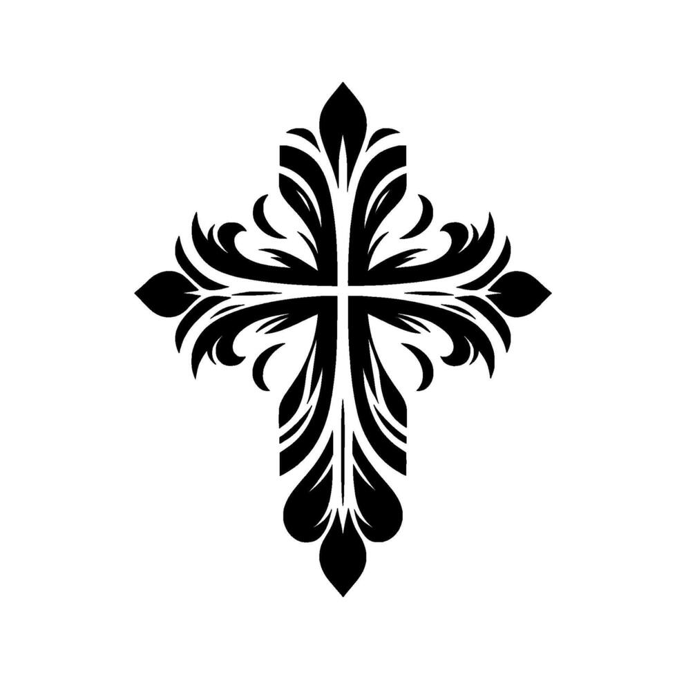 Ornate Black Cross Silhouette with Flowing, LeafLike Embellishments, Isolated on White, Symbolic Artwork. vector