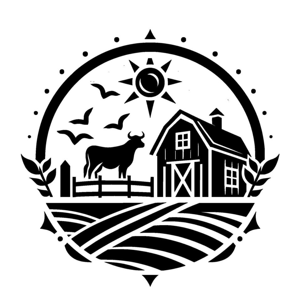 Black White Circular Farmhouse Illustration Barn, Cow, Fields, Sun, Birds, Fence, within a Decorative Border. vector