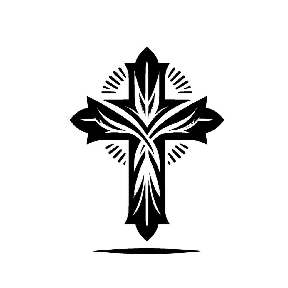 Black and white decorative cross with ornate floral and radiant on white background, symbol of faith. vector