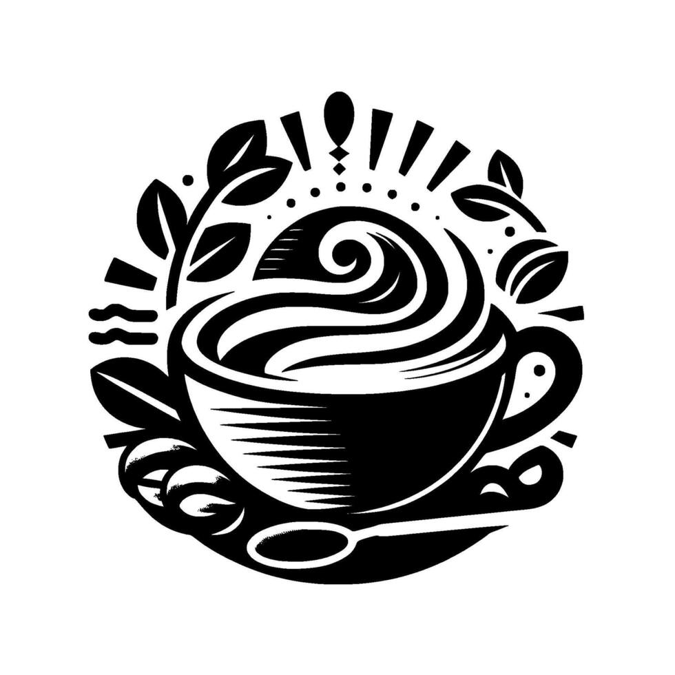 Stylized Black and White Illustration of Coffee Cup with Swirled Cream, Coffee Beans, Spoon, and Decorative Foliage in a Circular . vector