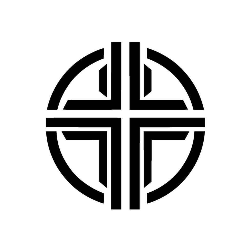 Abstract Geometric Cross Within a Circle, Bold Black and White Symbolizing Faith, Spirituality, and Interconnectedness on a Plain White Backdrop. vector