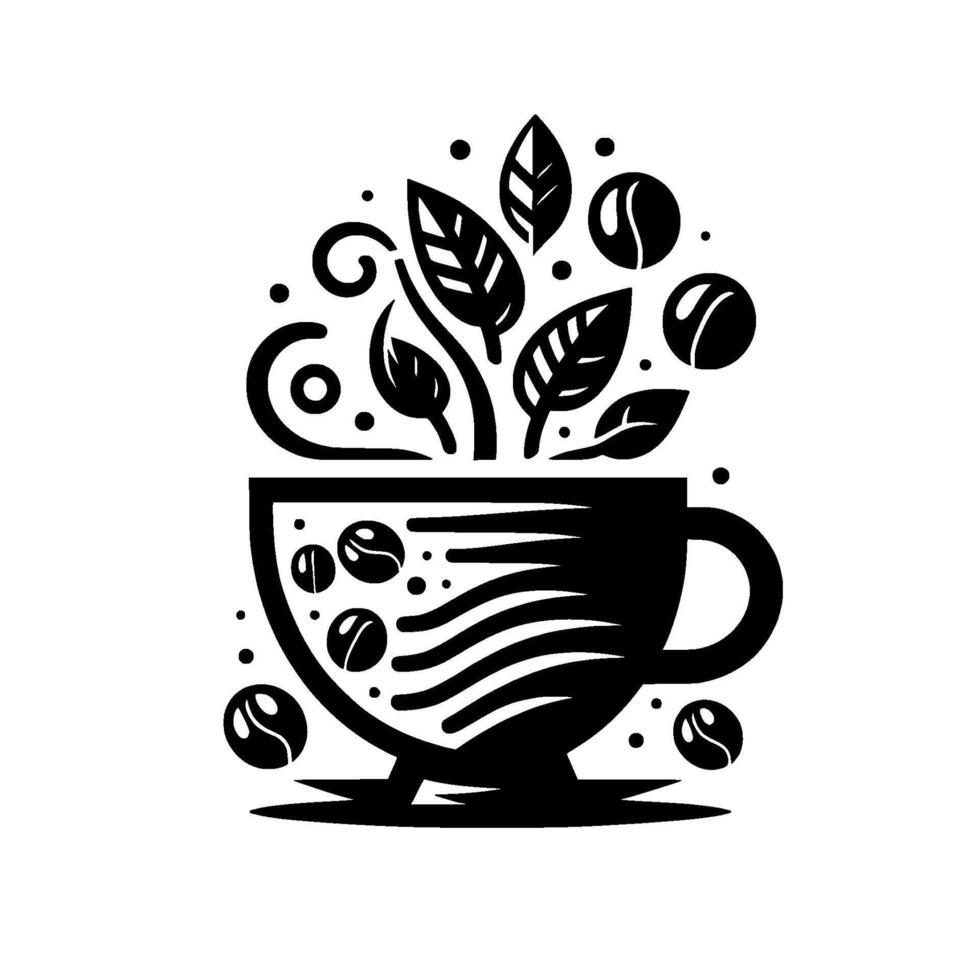 Stylized Black and White Illustration A Coffee Cup Overflowing with Coffee Beans, Leaves, and Floral Accents vector